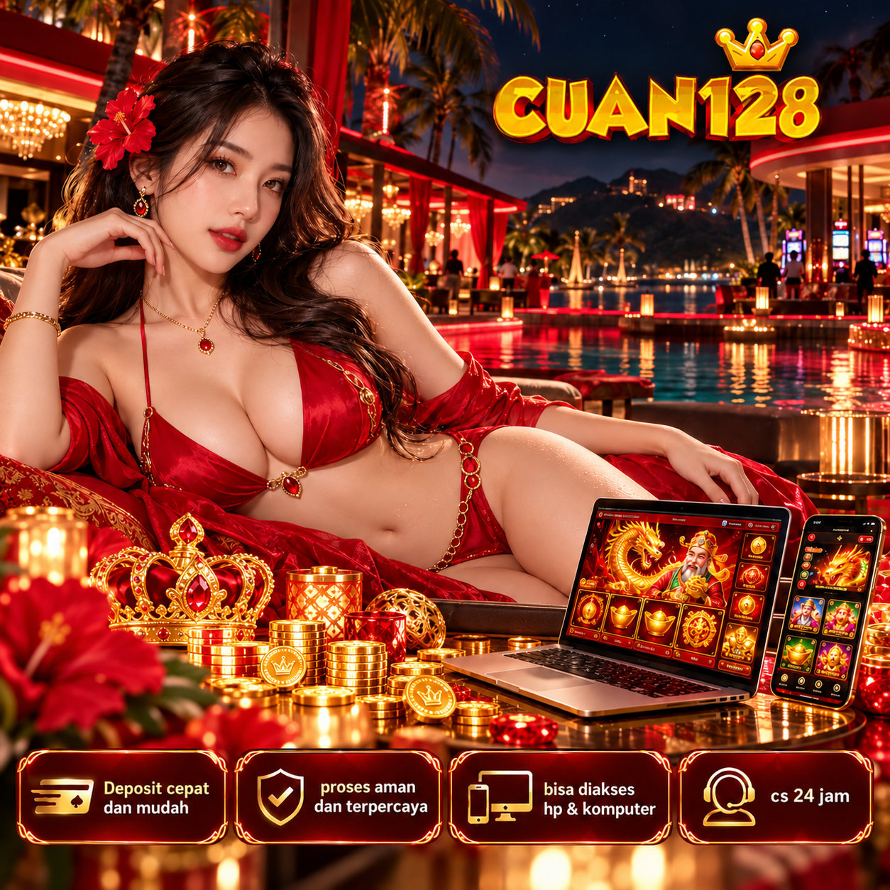 Banner CUAN128 menampilkan ilustrasi hiburan digital dengan nuansa merah keemasan, variasi 1