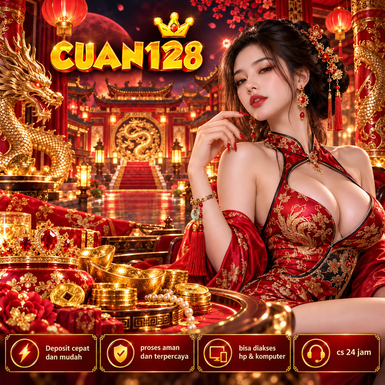 Banner CUAN128 menampilkan ilustrasi hiburan digital dengan nuansa merah keemasan, variasi 3